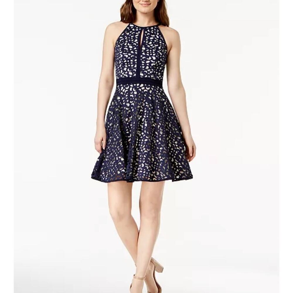 XSCAPE Laser Cut Halter A-Line Fit & Flare Dress Navy Size 14
